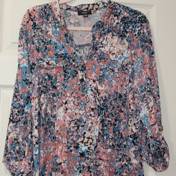 Pink and Denim Blue Poly Blouse, Soft Pleats Across Front, Sz PXL - Picture 1 of 3